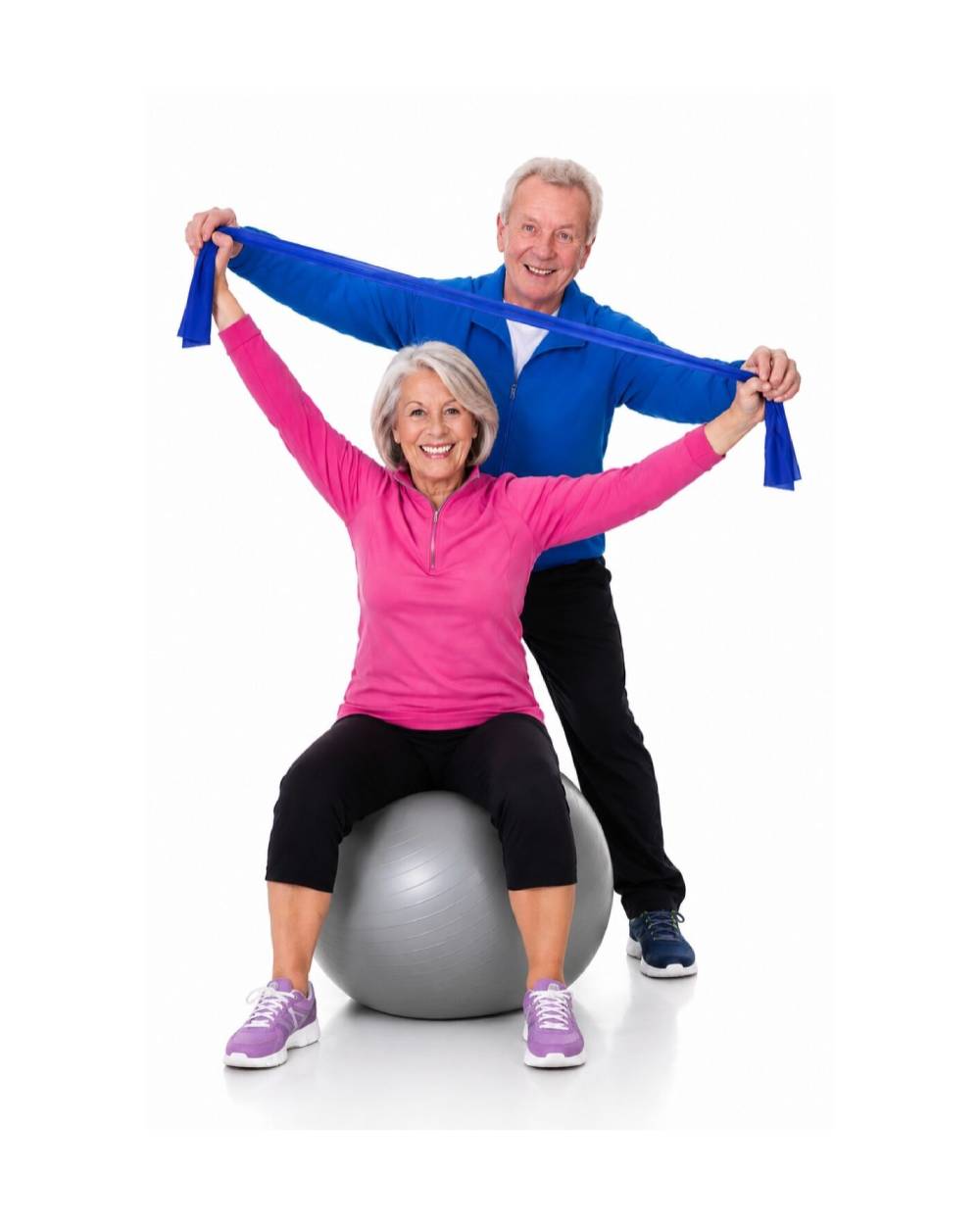 Older couple exercising with resistance bands and gym ball during rehabilitation