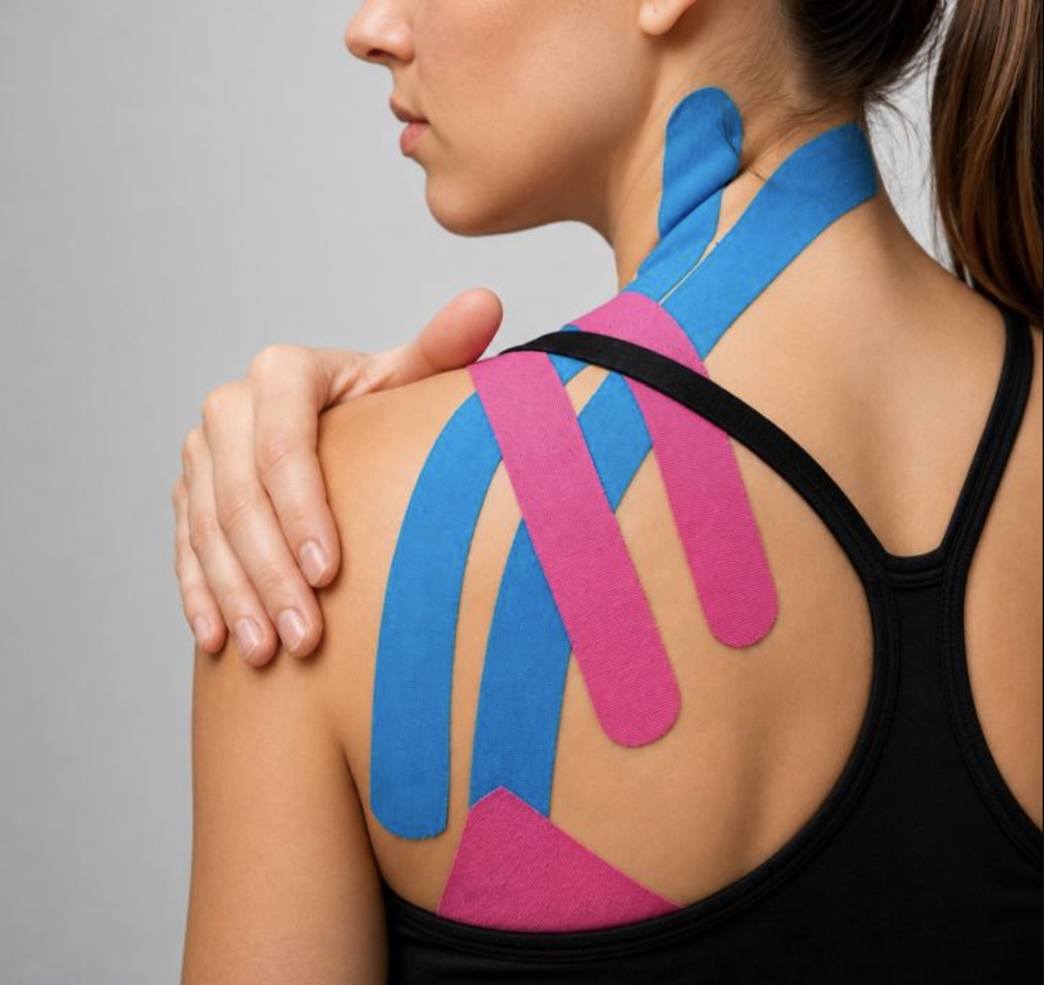 Kinesiology taping on shoulder for muscle support